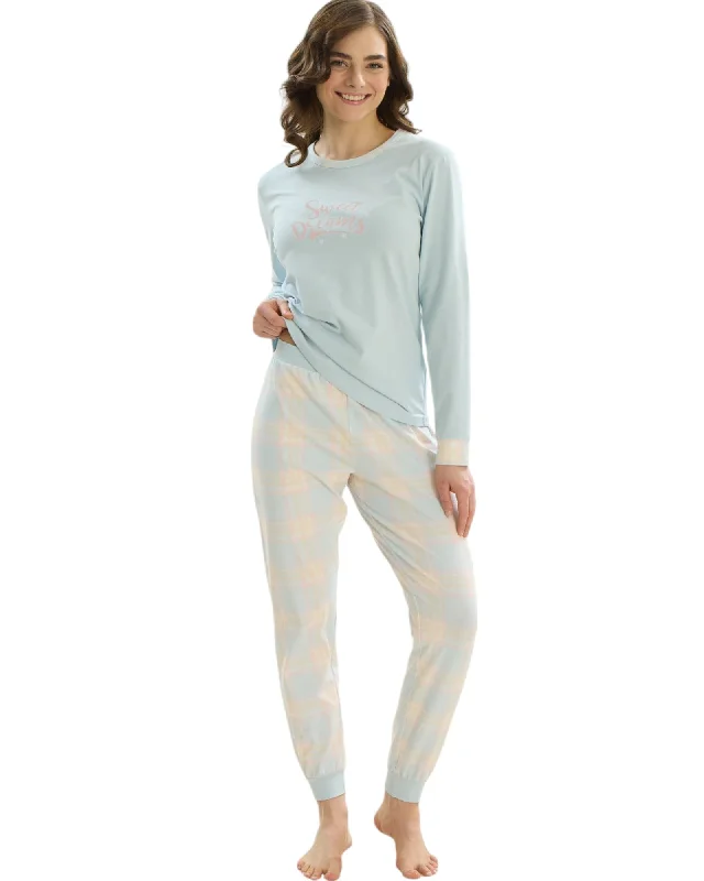 Women's pastel - colored lingerie sets for a feminine appealPlaid Pajama Set with Sweet Dreams Print