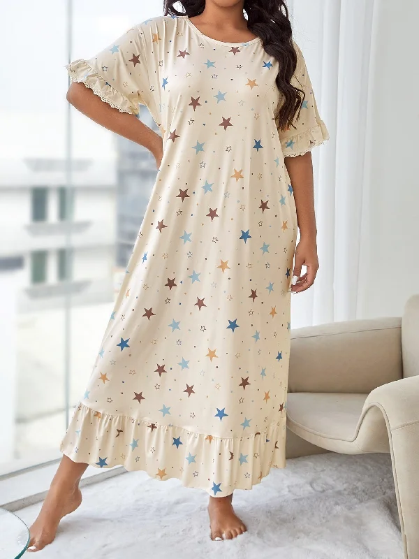 Tiered sexy dresses for a flouncy and feminine appearancePlus Star Print Ruffle Hem Nightdress Tiered sexy dresses for a flouncy and feminine appearancePlus Star Print Ruffle Hem Nightdress