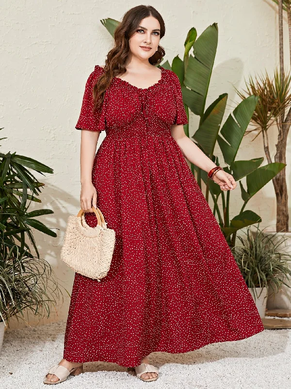 Mesh - paneled sexy dresses for a hint of skinSHEIN Modely Plus Polka Dot Tie Front Shirred Waist Maxi Dress