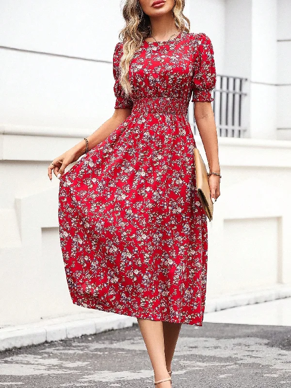 High - necked sexy dresses with a low - back detailSHEIN Floral Print Puff Sleeve Dress High - necked sexy dresses with a low - back detailSHEIN Floral Print Puff Sleeve Dress