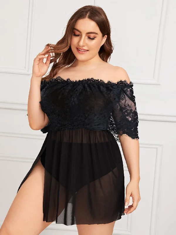 Sexy off - the - shoulder dresses for a flirty lookPlus Contrast Lace Sheer Mesh Dress Sexy off - the - shoulder dresses for a flirty lookPlus Contrast Lace Sheer Mesh Dress