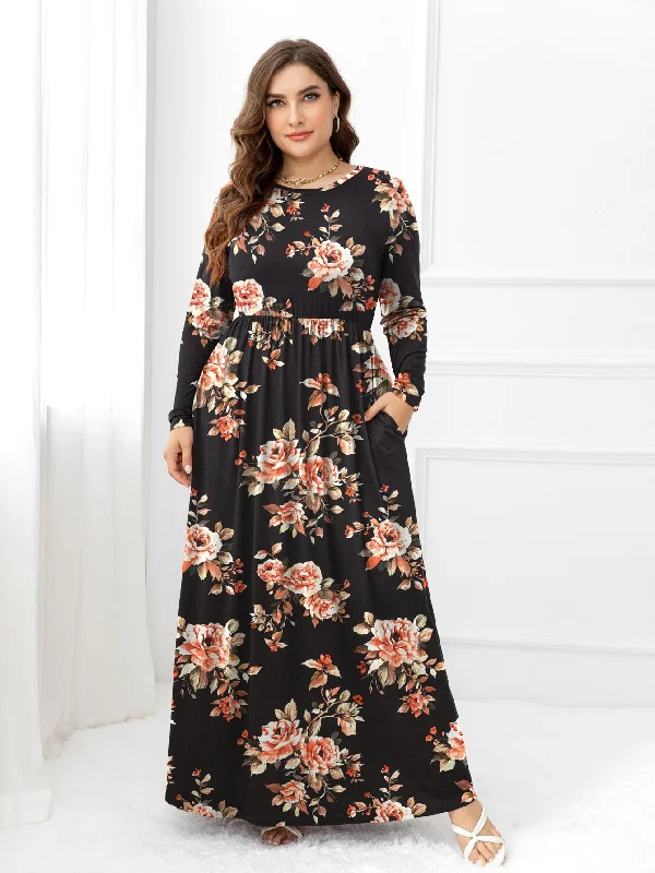Peplum - hemmed sexy dresses for a retro touchPlus Floral Print Hidden Pocket Dress Peplum - hemmed sexy dresses for a retro touchPlus Floral Print Hidden Pocket Dress