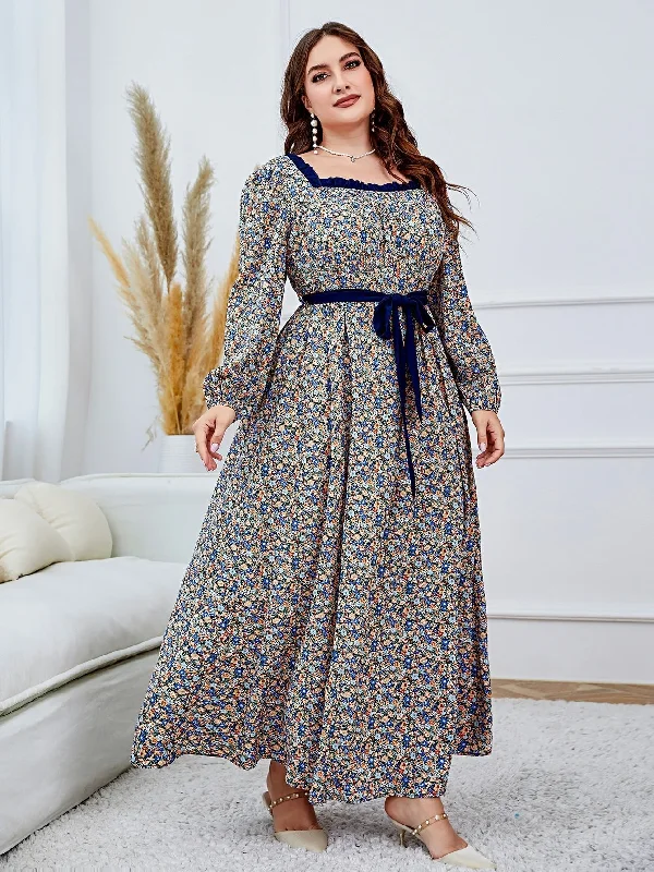 Leather - look sexy dresses for an edgy stylePlus Ditsy Floral Print Square Neck Lantern Sleeve Belted Dress Leather - look sexy dresses for an edgy stylePlus Ditsy Floral Print Square Neck Lantern Sleeve Belted Dress