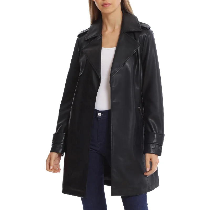 Womens Faux Leather Topper Trench Coat