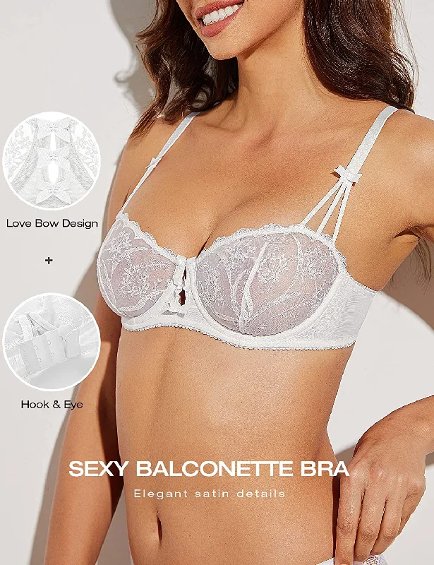 Bra with a foam - lined cup for a more structured shape​ Embroidered Lace Unlined Bra Demi Sheer See Through Underwire Bras White
