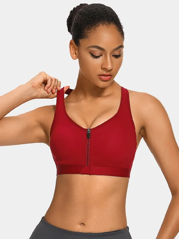 Bra with wide straps for added comfort and weight distribution​ Front Closure Padded Zip Racerback Sports Bra Red