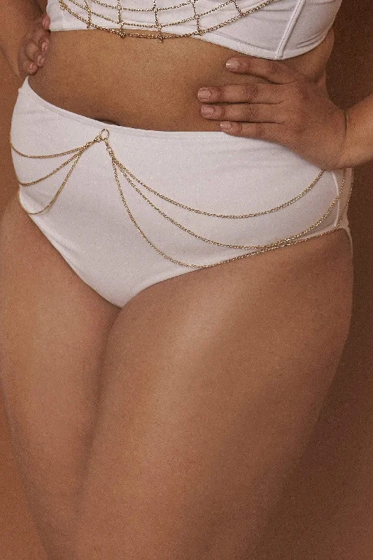 Women's bras with a neoprene componentGoldie White high waist bikini brief with removable chain curve Women's bras with a neoprene componentGoldie White high waist bikini brief with removable chain curve