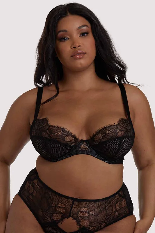 Bra with a plus - size wireless option for comfort​ Khloe Black Floral Bra
