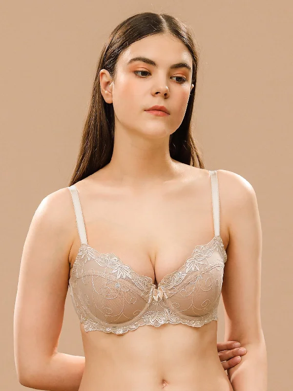 Bra with a plus - size convertible strap for versatility See Through Mesh Cups Non-pads Embroidered Underwire Bra Nude Bra with a plus - size convertible strap for versatility See Through Mesh Cups Non-pads Embroidered Underwire Bra Nude