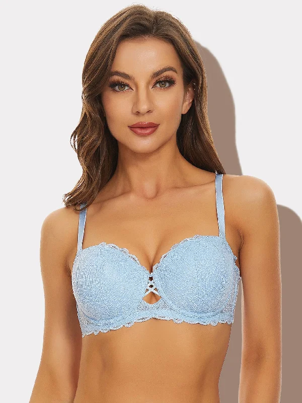 Bra with a silk - lined cup for a luxurious texture​ Sexy Lace Balconette Push up Bra Light Blue