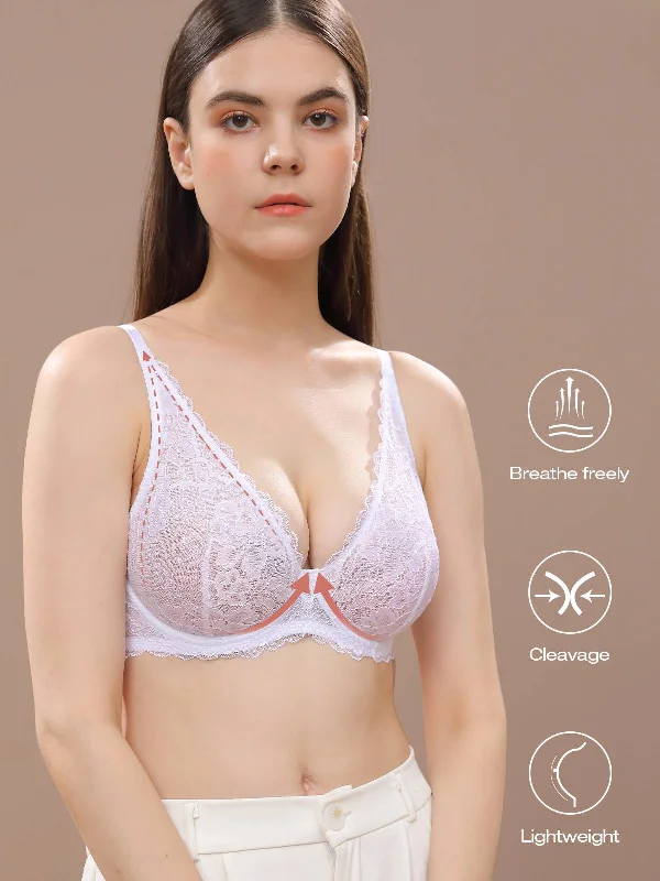 Bra with a removable padding for customizable support Sexy Unpadded Mesh Sheer Lace V Plunge Bra White Bra with a removable padding for customizable support Sexy Unpadded Mesh Sheer Lace V Plunge Bra White